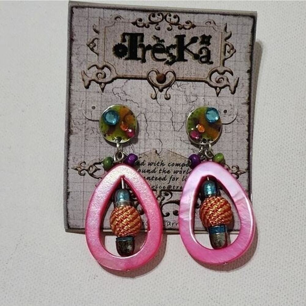 Treska Pink Teardrop Drop Earrings Bohemian Mixed Media Woven Bead Resin Studs